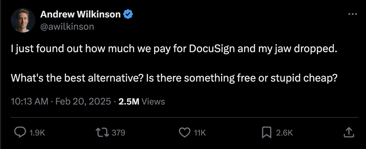 Andrew Wilkinson tweet about DocuSign pricing and alternatives